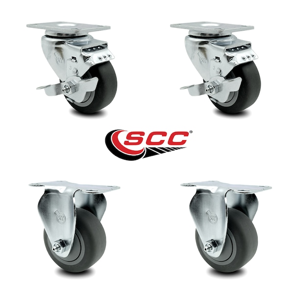 Service Caster 3.5 Inch Thermoplastic Rubber Swivel Top Plate Caster Set with 2 Brakes 2 Rigid SCC-20S3514-TPRB-TLB-2-R-2 - main